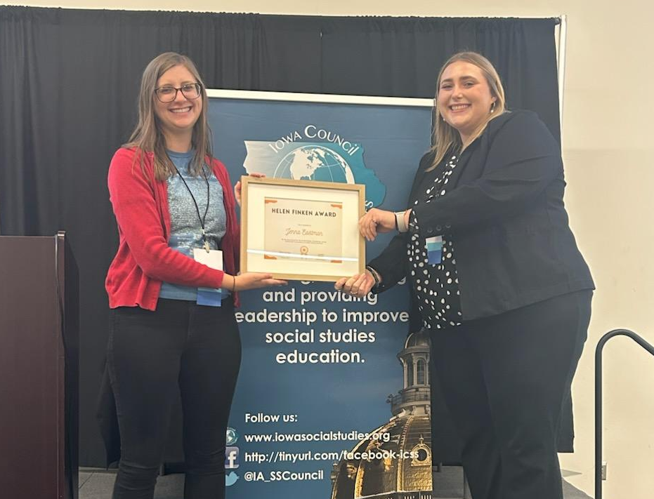 The award was presented to Eastman at the Iowa Council for the Social Studies conference.