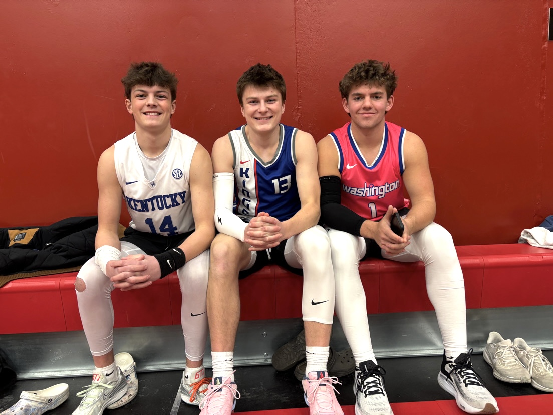 Gray Team members Cal Vitense '26, Joseph Hayek '27, and Adam Bowman '26 pose for a picture at a City High practice. 