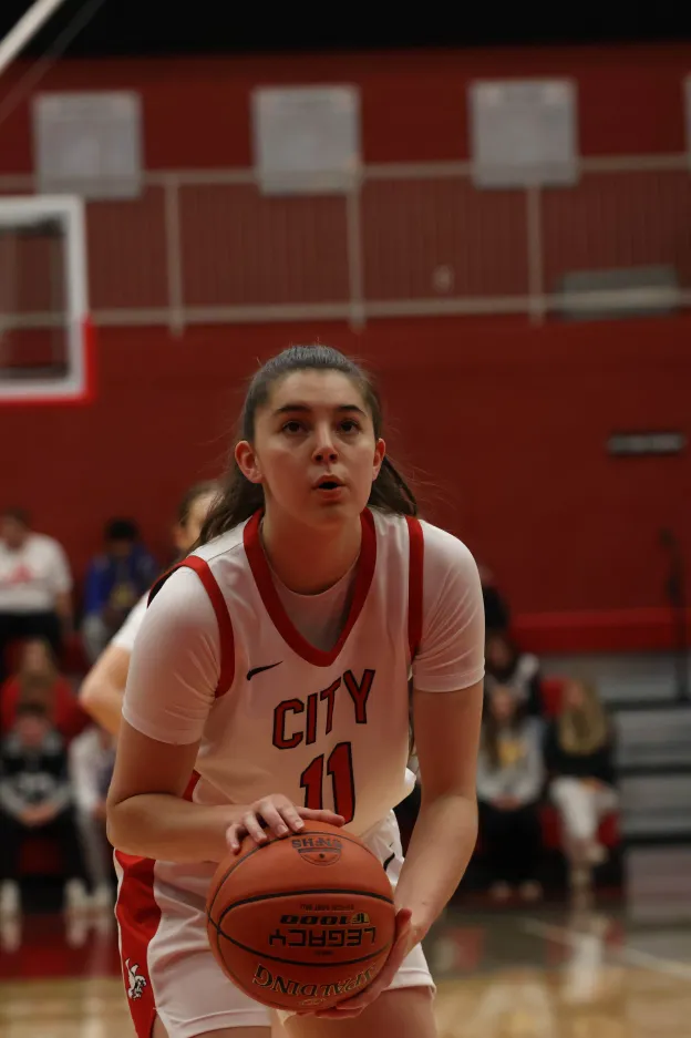 Hattie Galloway '27 prepares to take a free throw shot against West High on 12/19/25. Galloway averages a team best 7.3 rebounds on the season. 