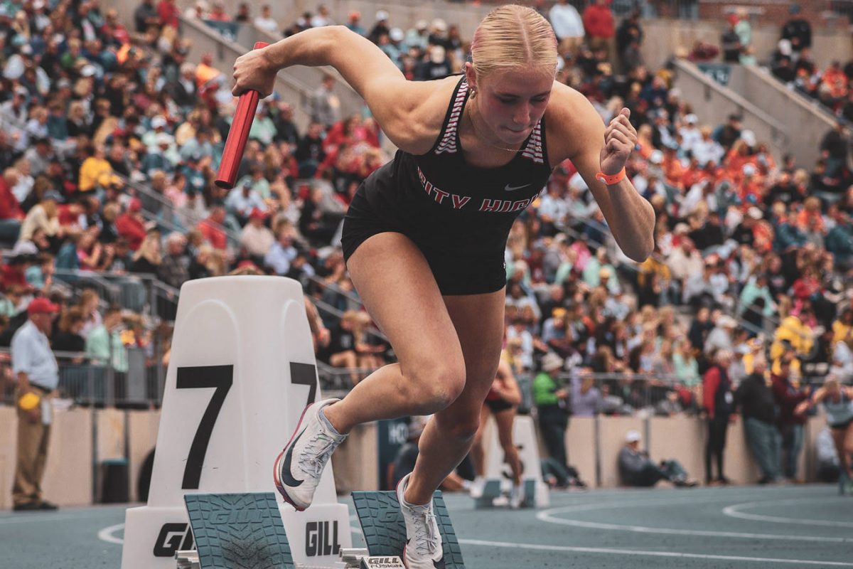 As a leading sprinter, Ellie Fraga '27 bolts out of her blocks to start the 4x400-meter relay race. The 4x400-meter relay ran a time of three minutes and 57.61 seconds which is a seasons best for the four, and placed number 20th  for the Iowa Outdoor High School Rankings for girls track and field.