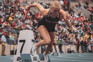 As a leading sprinter, Ellie Fraga '27 bolts out of her blocks to start the 4x400-meter relay race. The 4x400-meter relay ran a time of three minutes and 57.61 seconds which is a seasons best for the four, and placed number 20th  for the Iowa Outdoor High School Rankings for girls track and field.